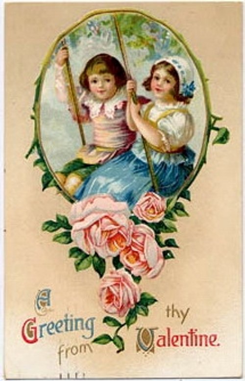 Victorian Valentine Greeting Card with Children and Roses