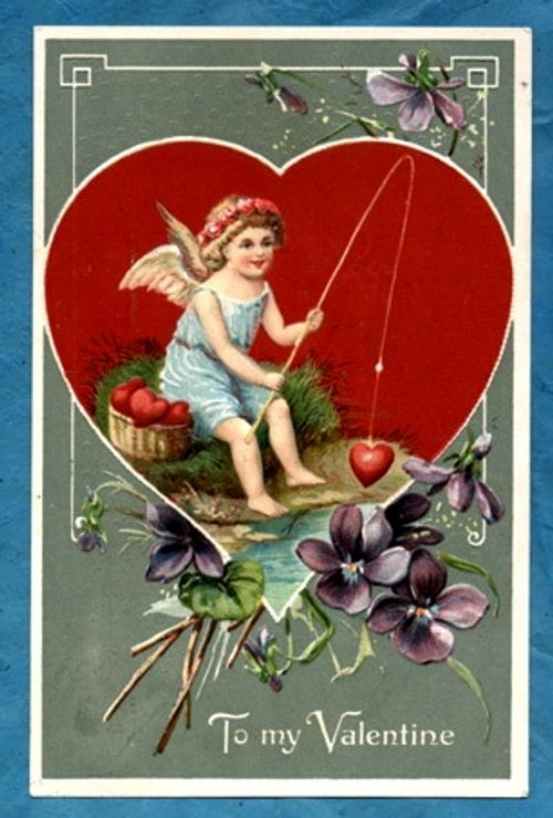 Victorian Cupid Valentine Card with Purple Pansies, Circa 1890s