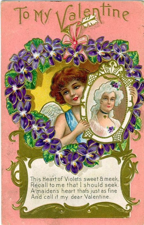 Victorian Valentine Card with Angel and Violet Wreath