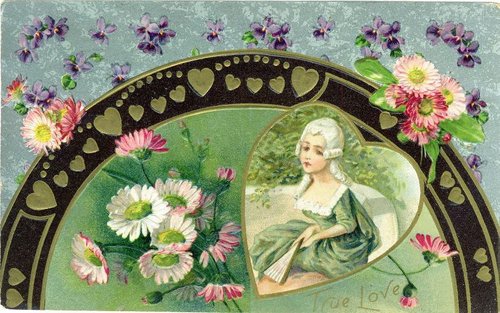 Victorian Love Letter Greeting Card with Pink Daisies & Hearts