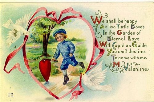 Victorian Valentine Card with Boy & Turtle Doves Garden Scene