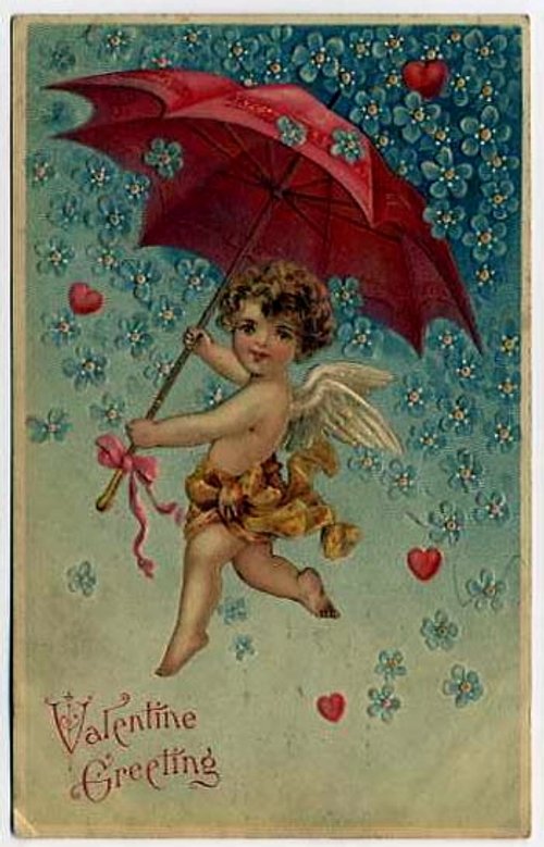 Victorian Cupid Valentine Greeting Card Red Umbrella