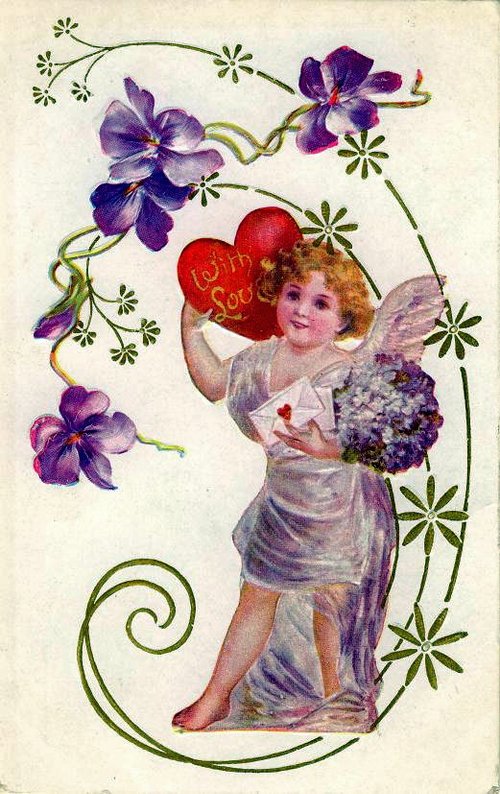 Victorian Cherub Valentine Card with Purple Flowers & Hearts