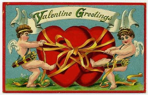 Victorian Valentine Cherubs with Red Heart & Gold Ribbon