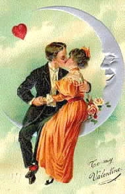 Victorian Valentine's Day Card: Romantic Couple on Crescent Moon