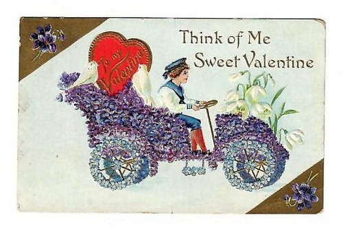 Edwardian Valentine Greeting Card with Purple Flowers Automobile