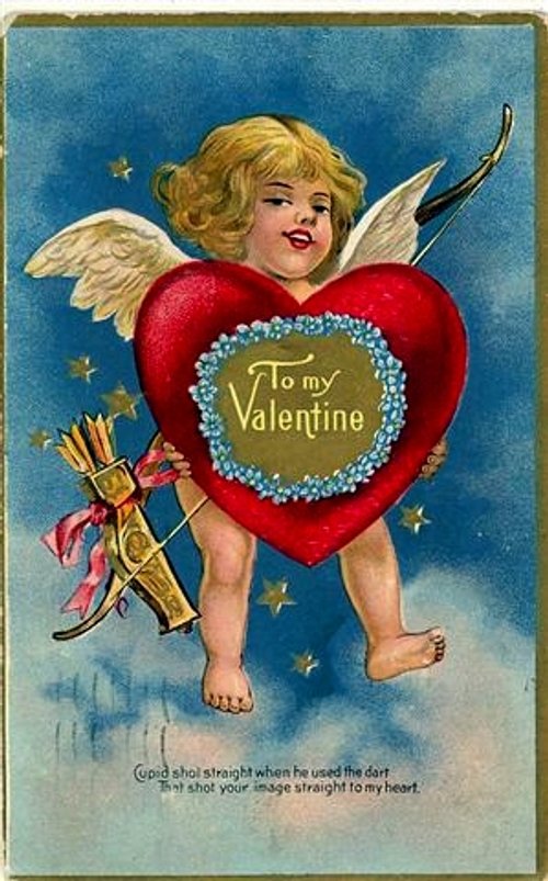 Victorian Cupid Valentine Card with Red Heart & Gold Arrows