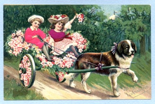 Victorian Dog Cart Greeting Card with Children and Flowers