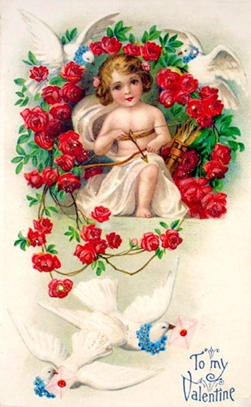 Victorian Valentine Cherub with Red Roses | Antique Greeting Card