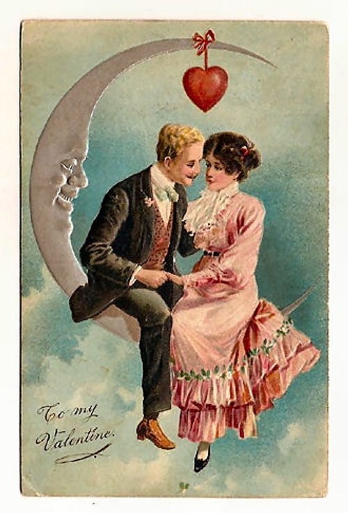 Victorian Valentine's Day Greeting Card Couple on Moon