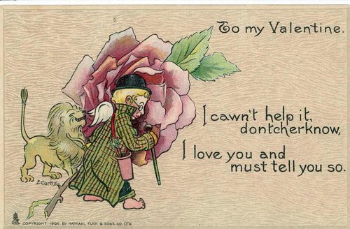 Vintage 1906 Valentine Card: Man with Rose & Puppy Love