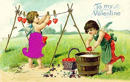 Victorian Valentine's Day Cherubs Hanging Hearts Vintage Greeting Card