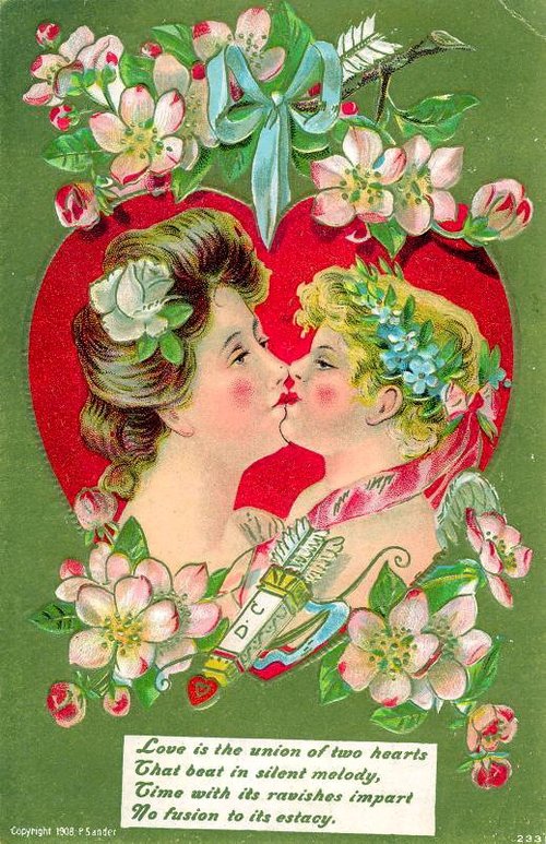 Victorian Valentine Greeting Card with Woman and Cupid in Red Heart