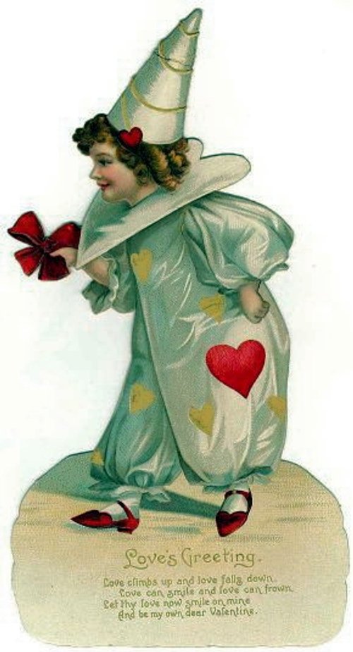 Victorian Love's Greeting Die-Cut Card with Jester Figure