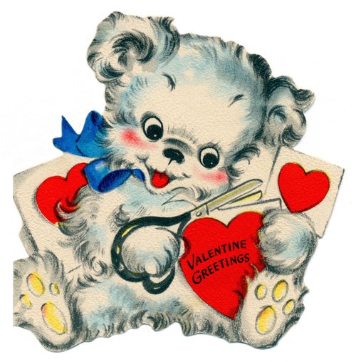 Vintage Valentine Puppy/Dog Die-Cut Card with Scissors, Mid-20th Century