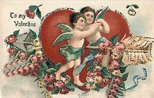 Victorian Valentine's Day Cherubs with Red Heart & Roses