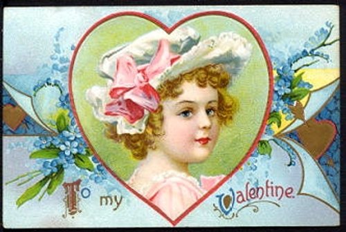Victorian Valentine Card with Girl in Heart Frame - Chromolithograph