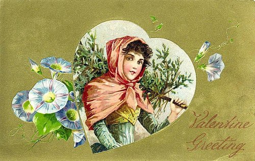 Victorian Valentine Greeting Card with Girl in Red Hood/Shawl
