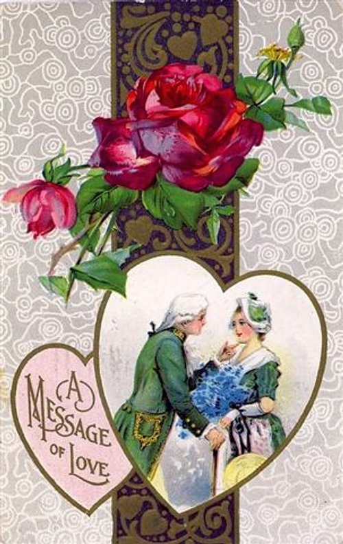 Victorian Valentine's Day Greeting Card with Red Roses & Couple
