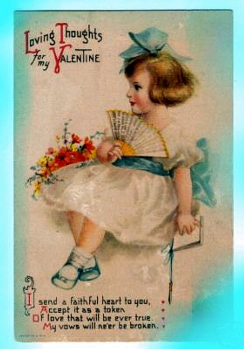 Edwardian Valentine Girl with Fan - Vintage Love Greeting Card