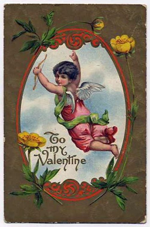Victorian Cupid Valentine Greeting Card with Yellow Flowers
