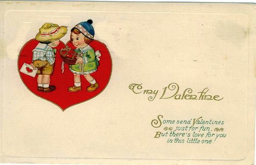 Vintage Edwardian Valentine Card Children with Flower Basket