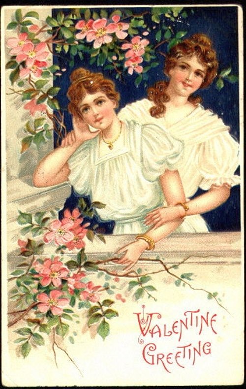 Victorian Valentine Greeting Card with Pink Roses & Young Women