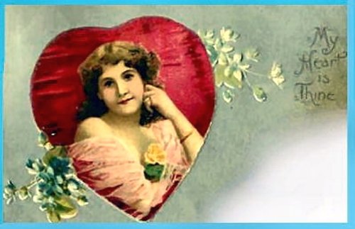 Victorian Valentine Card with Red Heart & Young Woman Portrait