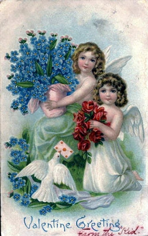 Victorian Valentine Cherubs with Blue Flowers & Red Roses