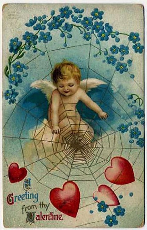 Vintage Valentine Cupid Spider Web Love Hearts Greeting Card