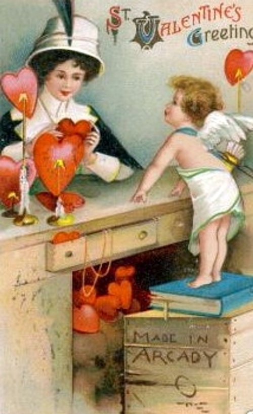 Victorian Valentine's Day Greeting Card - Cherub & Woman