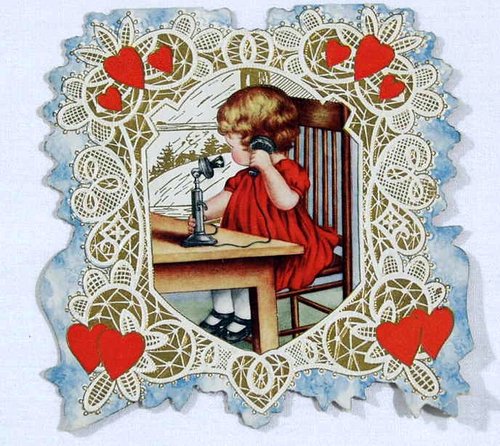Vintage Valentine Die-Cut Girl at Telephone, Edwardian Lace Card