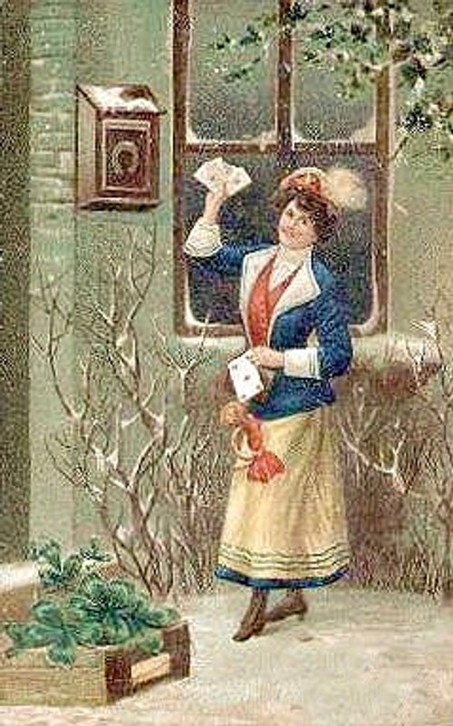 Victorian Woman at Window - Vintage Christmas Greeting Card