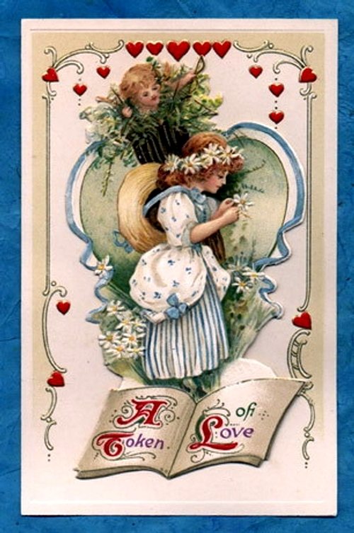 Victorian Token of Love Girl with Flowers Chromolithograph Card