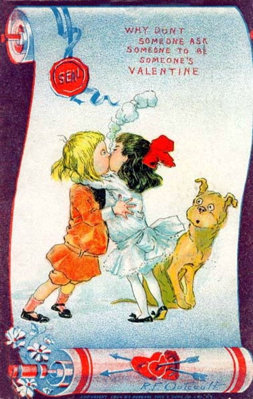 Edwardian Valentine Card: Two Girls Kissing with Watching Dog