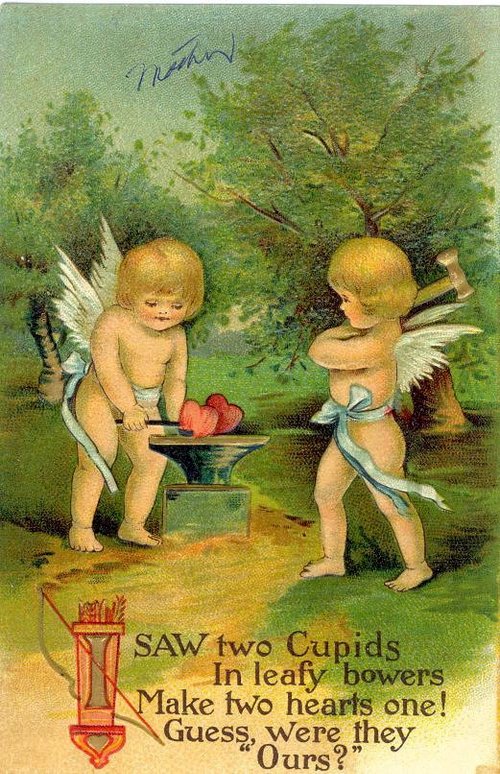 Victorian Cupids Valentine Card - Two Winged Cherubs with Heart
