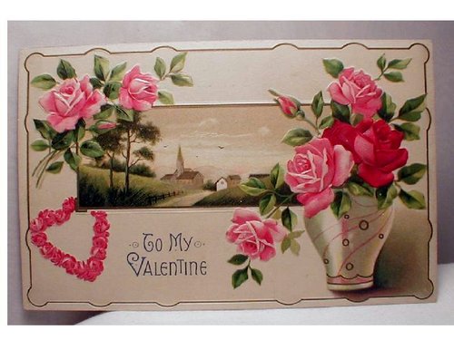 Victorian Valentine Greeting Card with Pink Roses & Rural Landscape