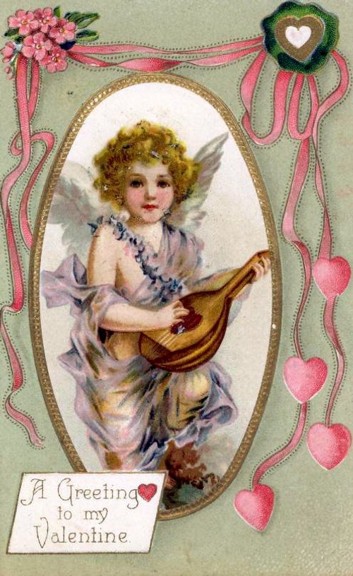 Victorian Valentine Cupid Angel with Mandolin - Romantic Greeting Card