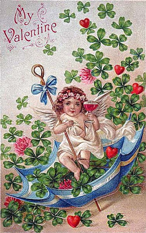 Victorian Valentine Cherub Shamrock Hearts Chromolithograph Card