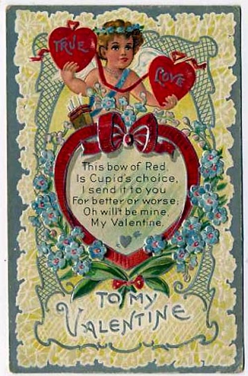 Victorian Valentine Card with Cupid & Red Hearts - Romantic Greeting