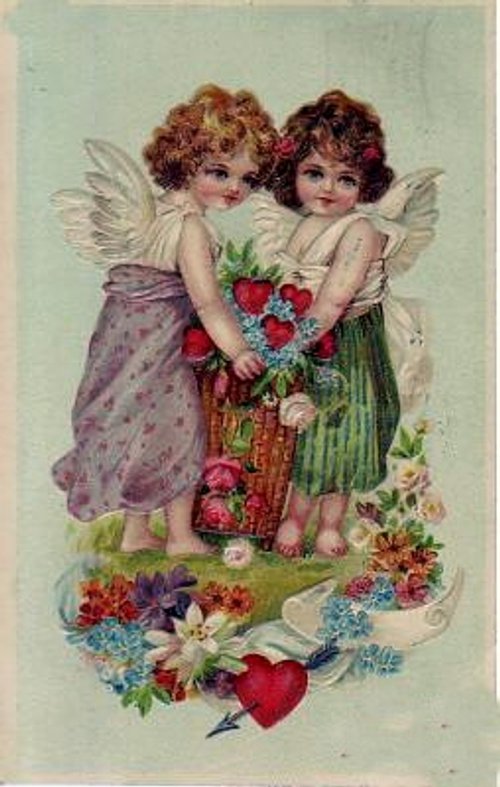 Victorian Valentine Cherubs with Basket of Hearts and Flowers Greeting Card