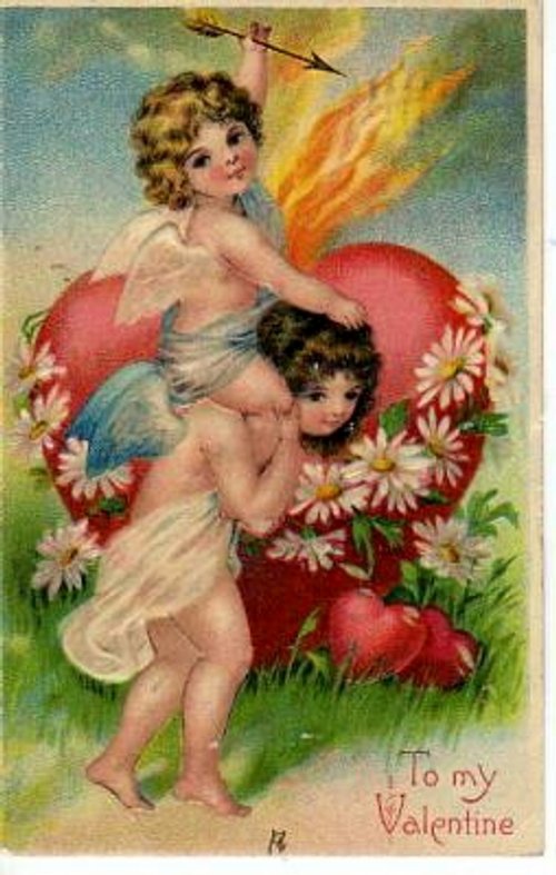 Victorian Cherub Valentine Card with Daisies - Vintage 1890s