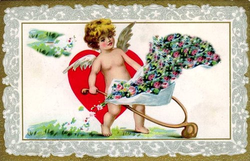 Victorian Cupid Valentine Card with Flower Basket & Heart