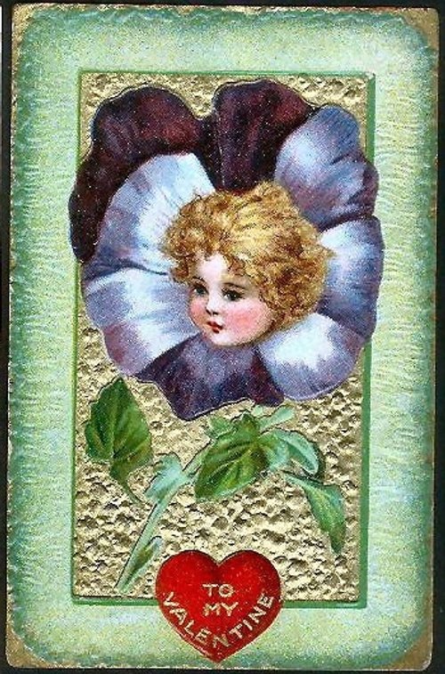 Victorian Cherub Valentine Card with Purple Pansy Flower