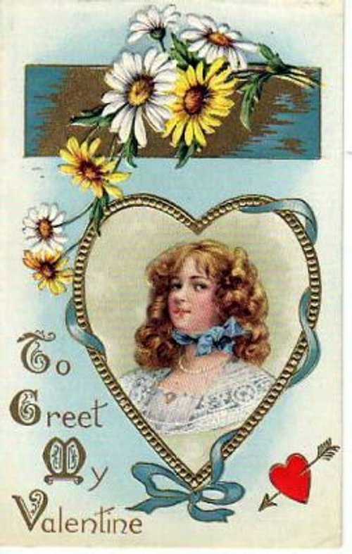 Victorian Valentine's Day Greeting Card with Daisies & Portrait
