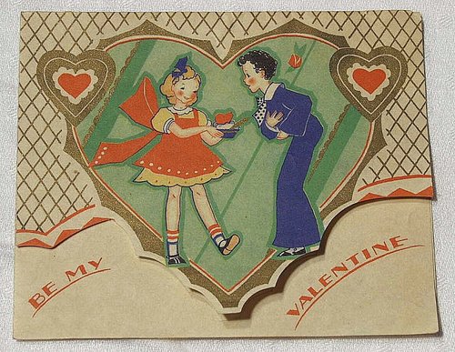 Vintage 1920s Art Deco Valentine Card - Girl Presenting Heart