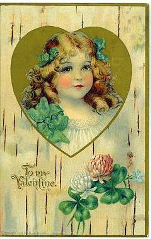Victorian Valentine's Day Greeting Card with Girl in Heart