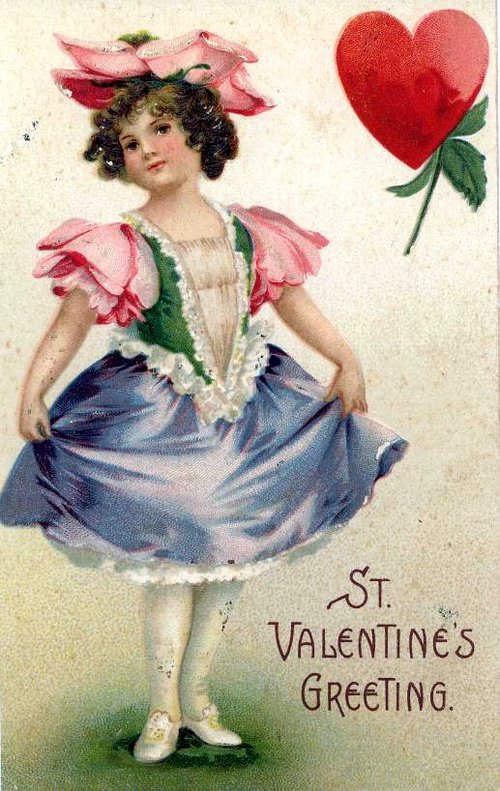 Victorian Valentine's Day Greeting Card with Girl and Heart