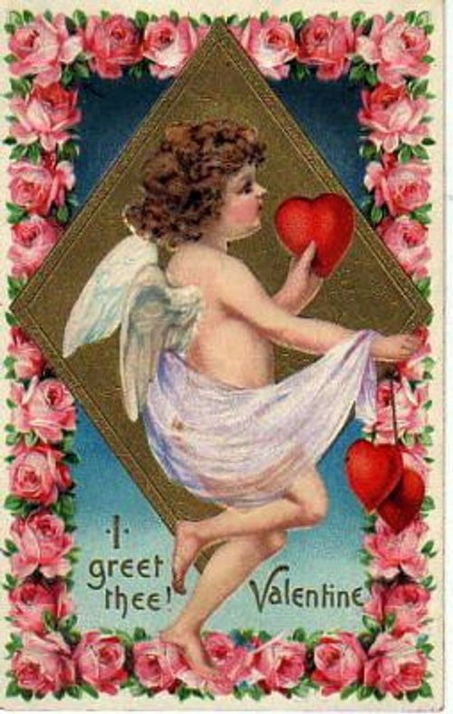 Victorian Valentine Cupid with Hearts & Pink Roses