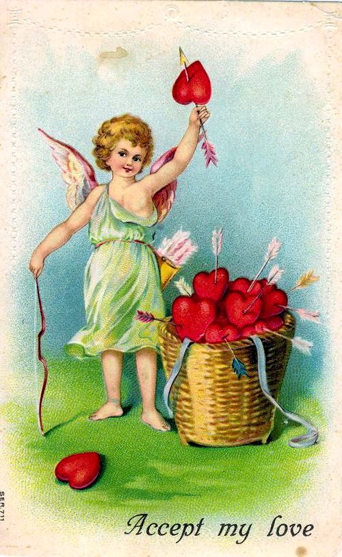 Vintage Valentine Cupid with Heart Basket Greeting Card